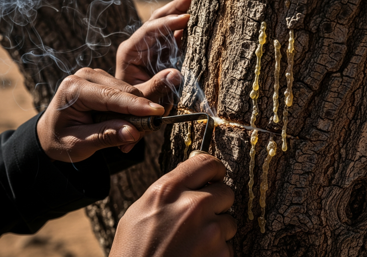 Frankincense resin being harvested from a Boswellia tree